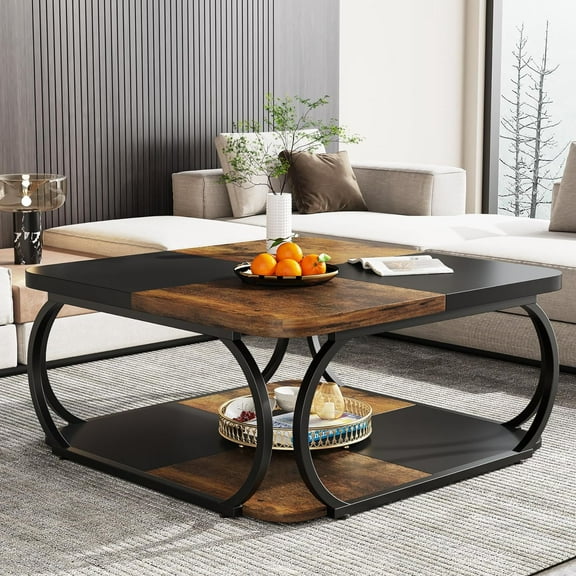 Square Coffee Table with 2 Tiers, 40 inches Low Farmhouse Coffee Table with Wood Storage Shelf Heavy Duty Metal Curved Frame for Modern Living Room, Black Rustic Brown