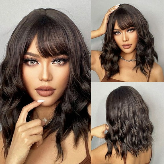 SUCS 14" Black Short Bob Wig for Women Synthetic Curly Wigs with Bangs Wefted Wig Caps