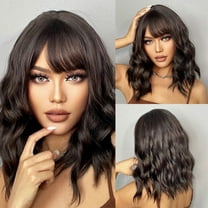 SUCS 14" Black Short Bob Wig for Women Synthetic Curly Wigs with Bangs Wefted Wig Caps