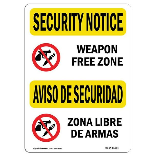 SignMission OS-SN-A-1824-L-11684 Panneau de Sécurité OSHA 18 x 24 Po - Zone Sans Armes Bilingue