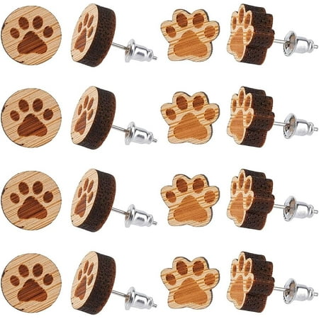 1 Box 6 Pairs Wooden Earring Stud Cat Dog Animals Paw Print Wood Stud Earring Set Wooden Stud Earrings Bulk Wood Earring Studs Wooden Earring Studs