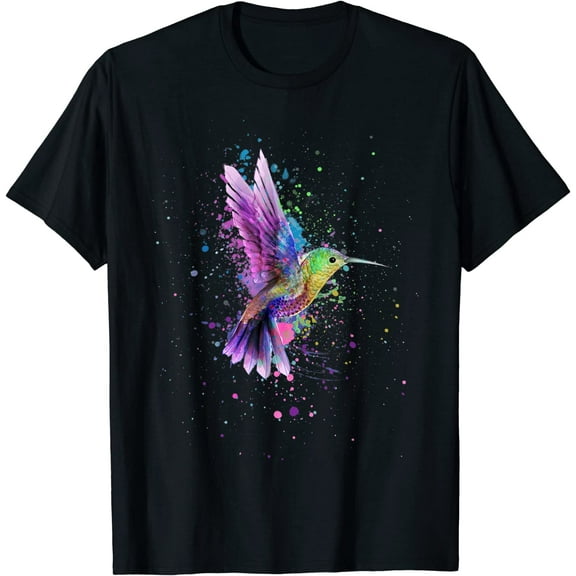 Women's Hummingbird Watercolor Art Design T-Shirt Black Tee