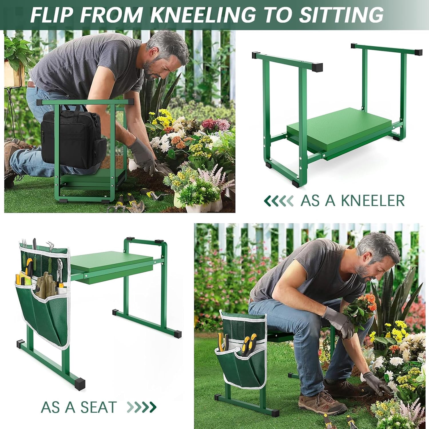 Garden KneelersSeat, Stable and Save Anti-Tipping Design 10.2" Wider Garden Kneeler and Seat with Handle, Heavy Duty Gardening Stool for Seniors, Gardening Weeding Bench for Gardeners Parents - Green