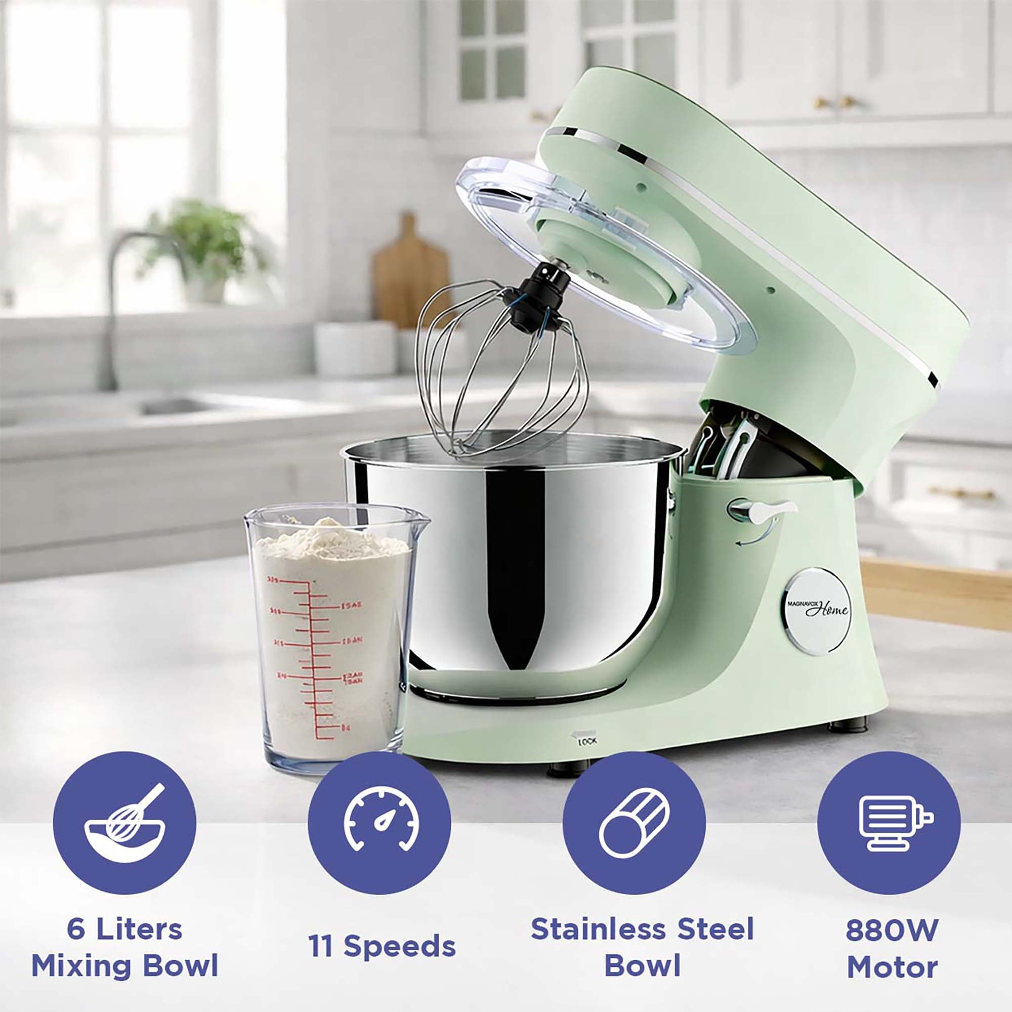 Magnavox 6.0L Digital Touch Screen Stand Mixer with Stainless Steel Bowl, 11-Speed, Tilt-Head, Planetary Mixing, 660W Motor, Dough Hook, Beater, Whisk, Bowl Cover, Pistachio
