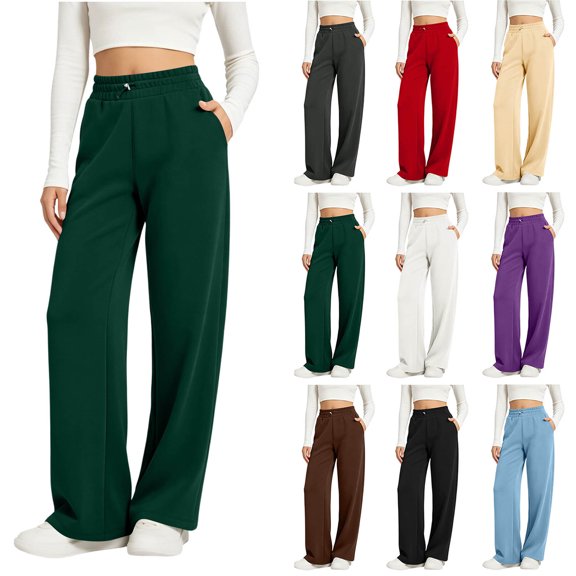 Chiccall Women's Solid Wide Leg Sweatpants Elastic Tiered Drawstring Waist Casual Long Jogger Trousers
