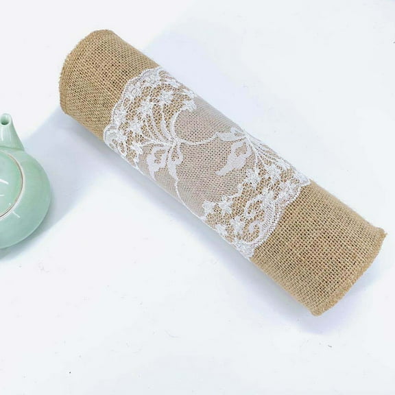 Burlap Table Runners with White Lace Rustic Wedding Table Runner Decor Vintage Romantic Table Cloth Party Favors for Engagement Birthday Hotel Home Table Decor, 12 x 42 Inch (Stylish Style)