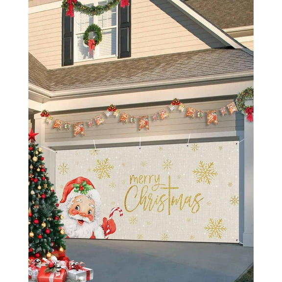 Fsddascl 7 x 16 Ft Christmas Garage Door Cover, Red Santa Christmas Large Garage Door Banner, Xmas Snowflake Rustic Hanging Garage Mural Background for Indoor Outdoor Xmas Party Supplies