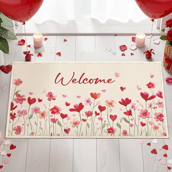 Love Heart and Wildflower Valentines Door Mat, Non-Slip Valentines Outdoor Welcome Mat Decorations, Valentine''s Day Front Door Rug for Outside Entrance Home Decor(16 X 28 Inches)