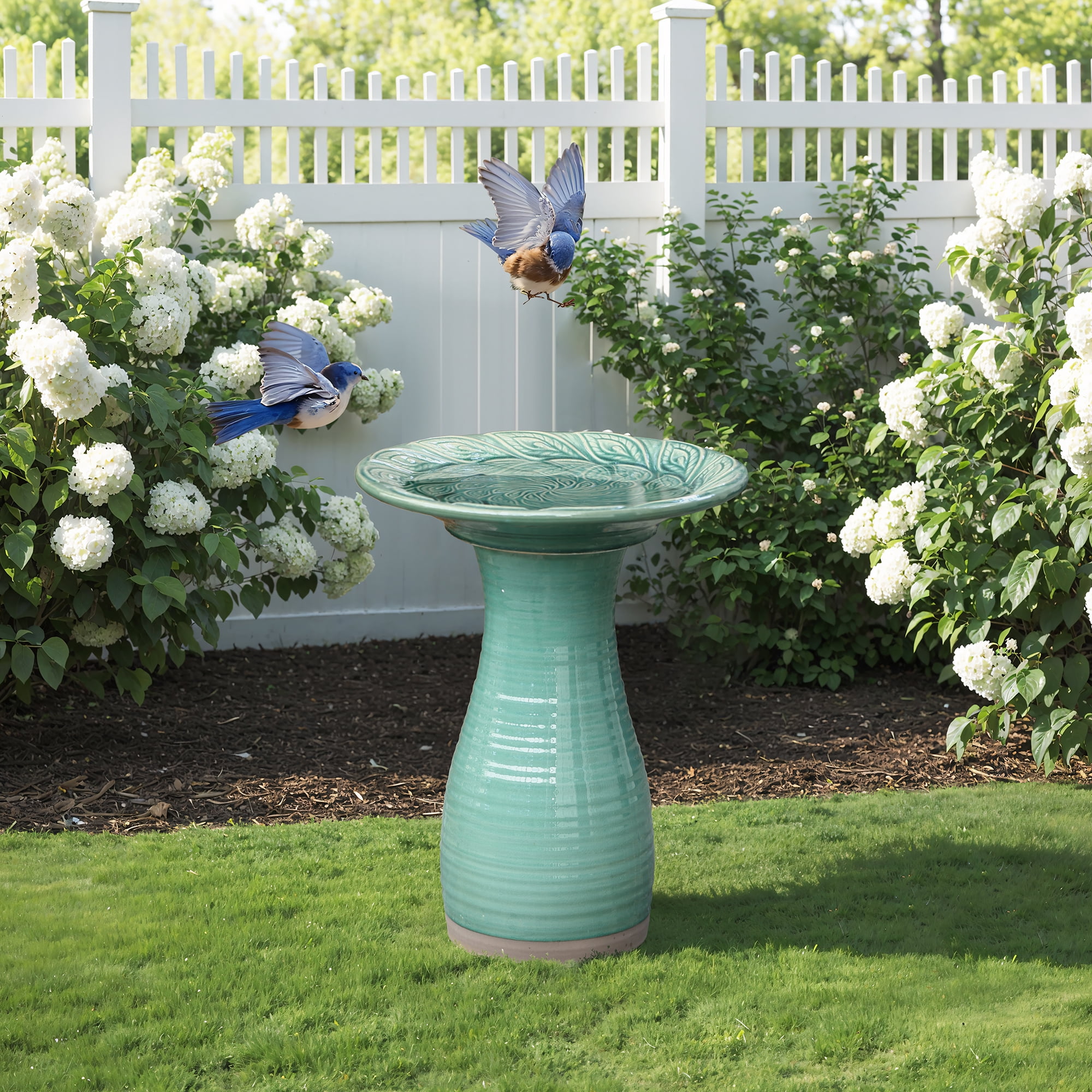 LuxenHome 20.5" Elegant Ceramic Bird Bath for Outside with Leaf Pattern, Jade Green