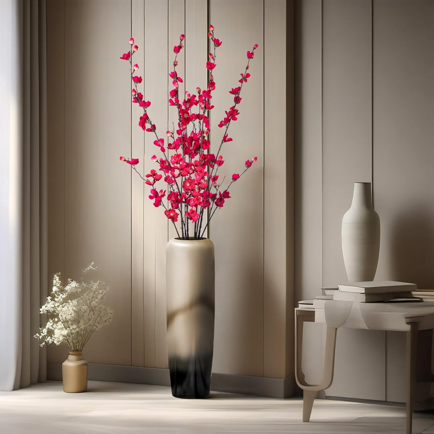 Artificial Faux Plants Flowers Indoor Spring Decor，4 Bundles Fake Silk Plum Blossom,Faux Silk Cherry Blossom Branches for Wedding Office Party Hotel Home Decor，Vase Not Included(White)