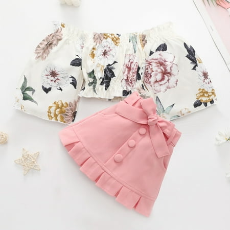 

Hunpta Toddler Kids Girls Summer Short Sleeve Off Shoulder Floral Ruffle T Shirt Tops Bow Pleated Skirt Casual 2PCS Outfits Set