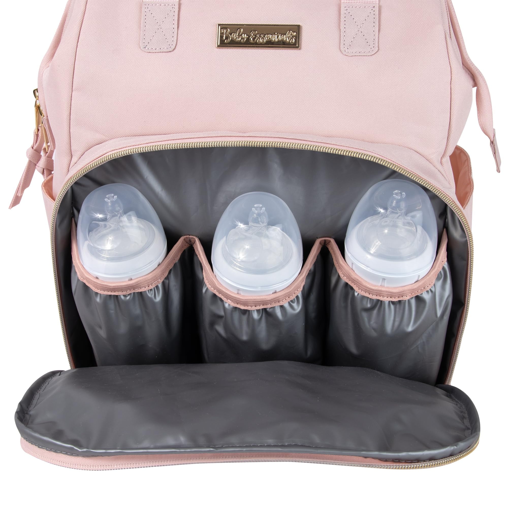 Baby Essentials Super Cooler Main Frame Dual Zipper Closure Diaper Bag Backpack Tote with Matching 6-Ply Changing Pad, Insulated Bottle Pockets and Stroller Straps in Mauve Pink