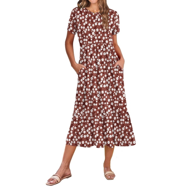 Vestido midi Zeagoo con estampado floral rojo, casual, holgado, de playa