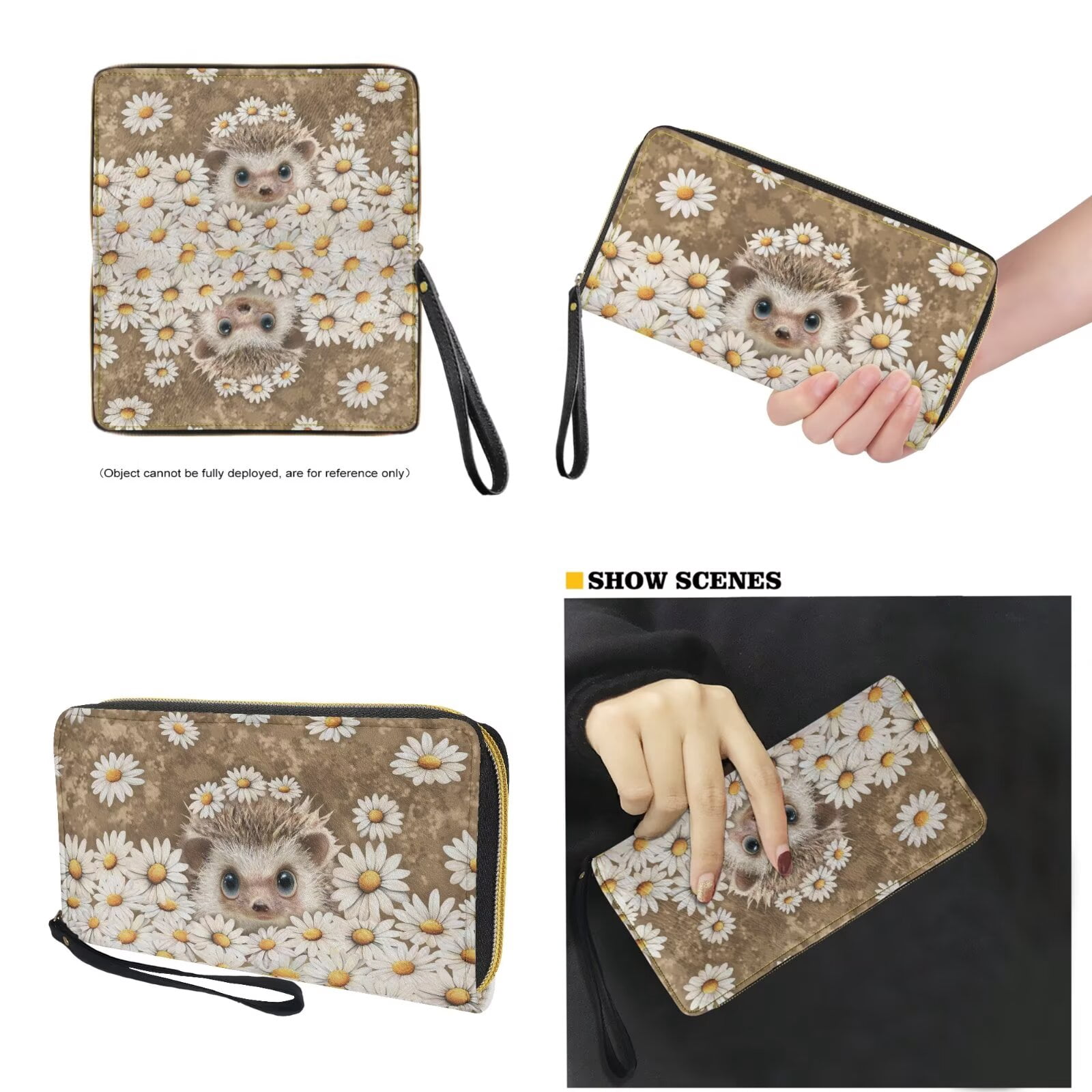TSOVTHRID Hedgehog Daisy Print Handbag with Wallet Set Tote Satchel Shoulder Purse with Matching Wristlet Wallet PU Leather Top Handle Handbag with Coin Purses, Beige