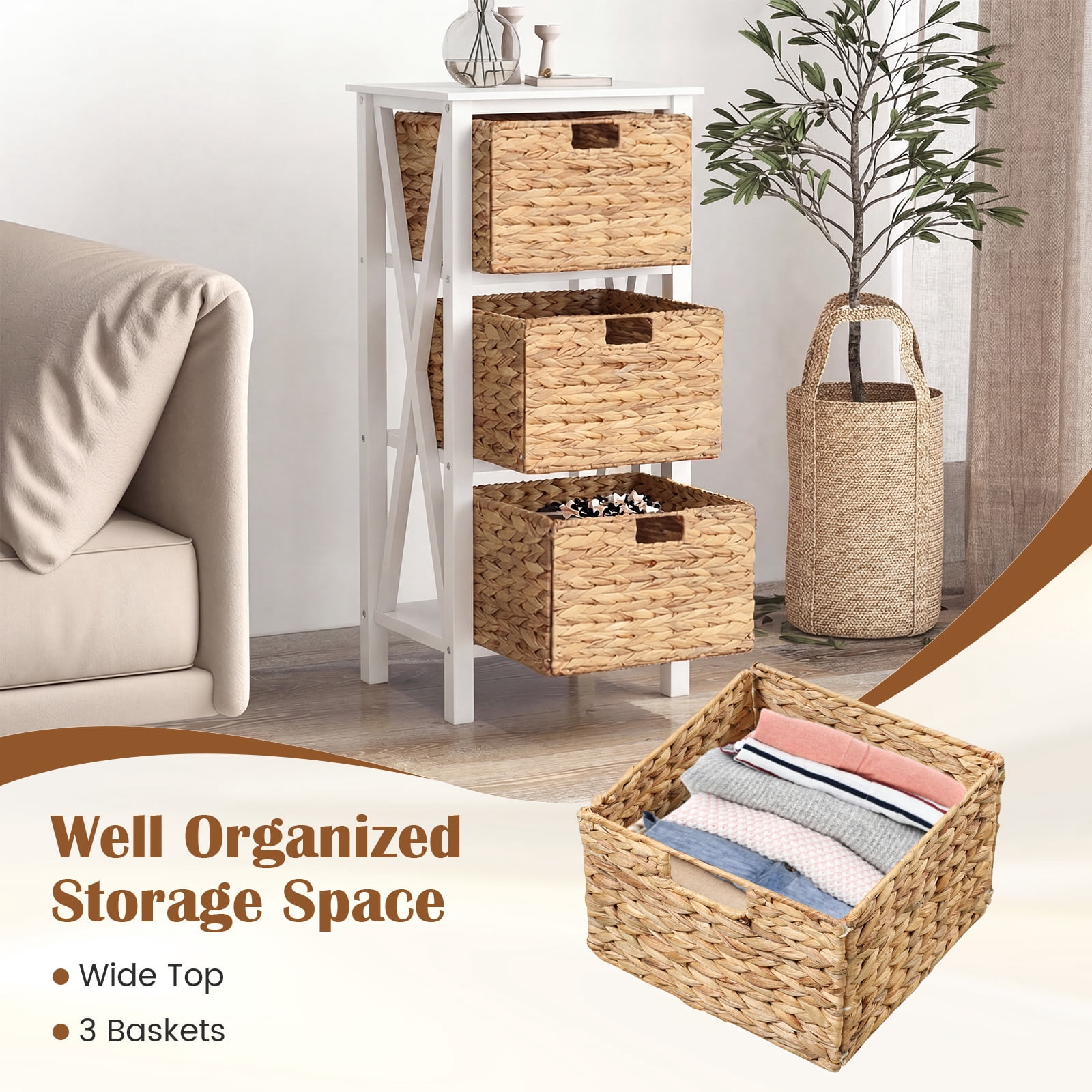 Costway 2PCS 4-Tier Nightstand with 3 Seagrass Baskets, Acacia Wood Legs for Living Room White & Natural