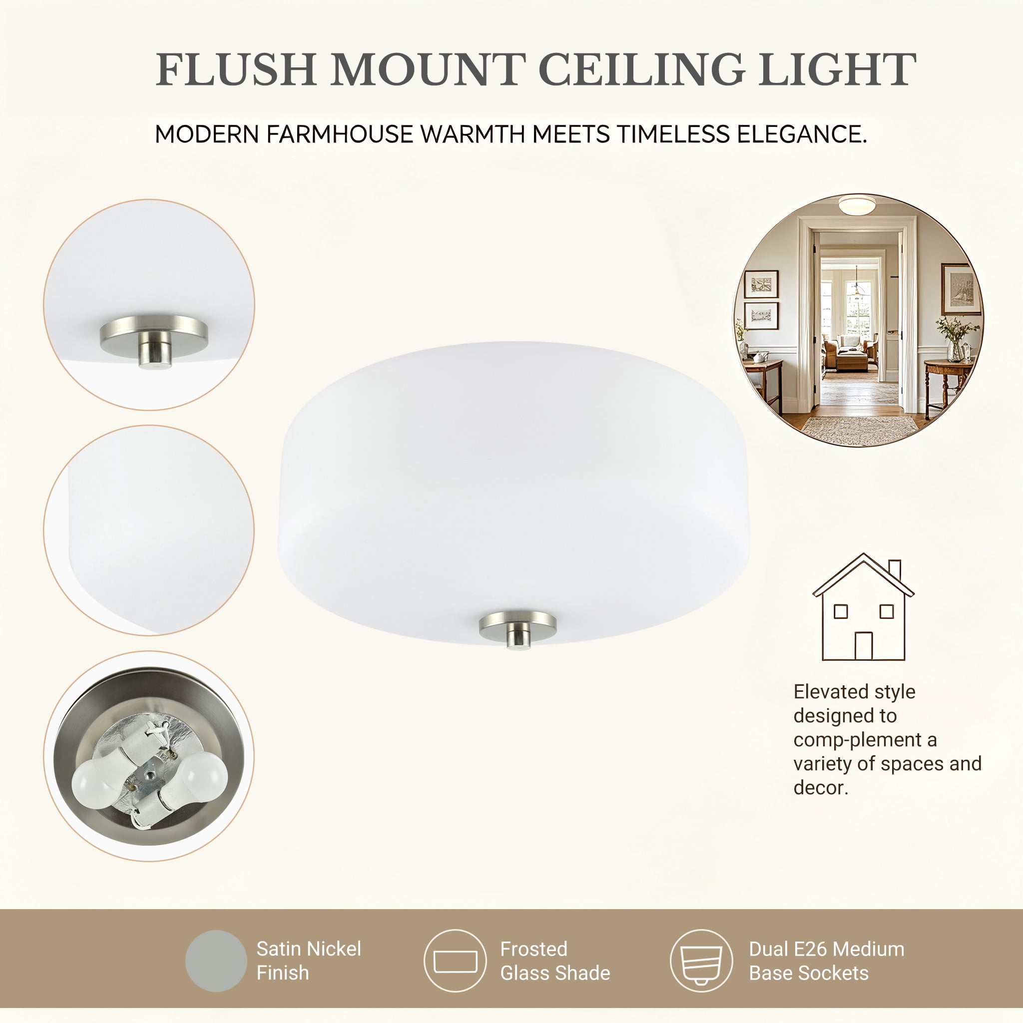 (2 pack) Better Homes & Gardens Flush Mount Ceiling Light, 12.4 in, Satin Nickel, Frosted Glass, No Bulb Included
