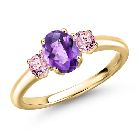 Gem Stone King 10K Yellow Gold Purple Amethyst and Pink Lab Grown Diamond Engagement Ring for Women | 1.11 Cttw | Oval Checkerboard 7X5MM | Gemstone February Birthstone | Size 6