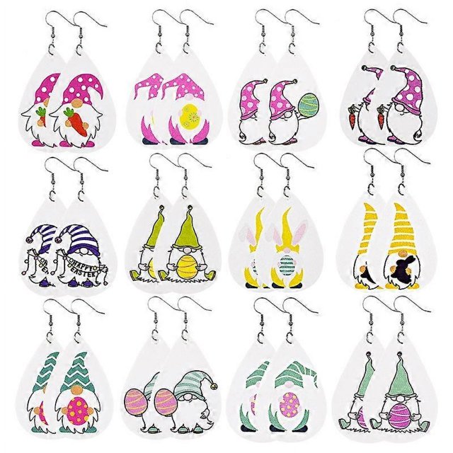 12 pares de pendientes de piel sintética con diseño de gnomo de Pascua, con forma de lágrima y estampado de conejo y huevo de Pascua.