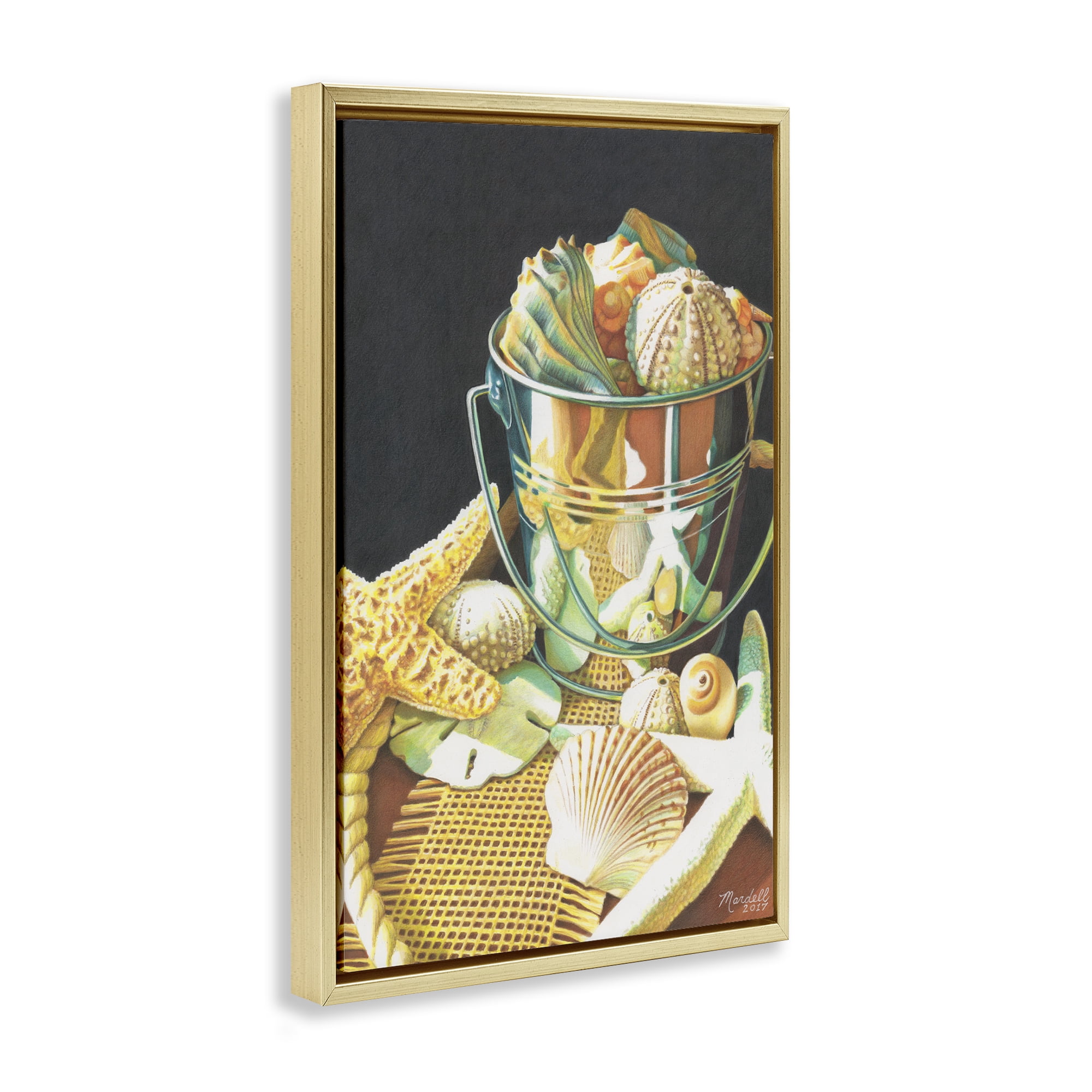 Stupell Industries Bucket Of Seashells Coastal Painting Gold Floater Framed Art Print Wall Art, 17 x 25