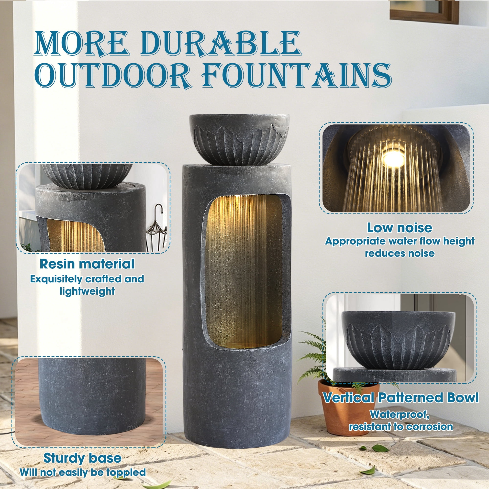 Haverchair 37.2''H Outdoor Water Fountain with LED Light, Large Column Garden Waterfall Foutains with Bird Feeder, Indoor Cascading Resin Water Feature w/Plant Pot for Patio, Porch and Home Decor