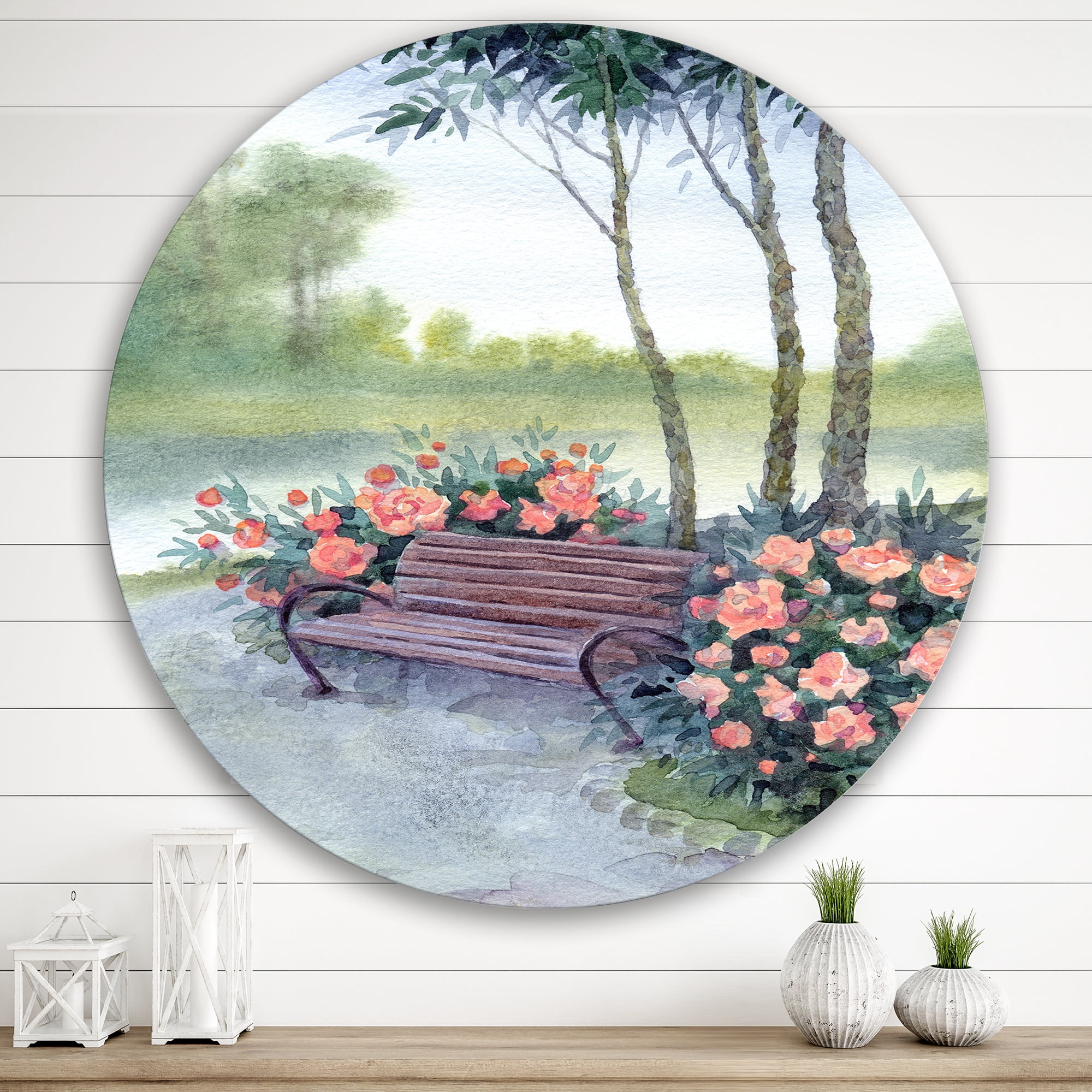 Designart 'Bench In Park By The Pions Flowers Bushes' Traditional Circle Metal Wall Art 29x29 - Disc of 29