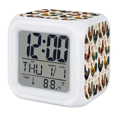 Farmhouse Rooster Digital Alarm Clock for Bedrooms, Smart LED Alarm Clock with 7 Color Changing Night Light, Country Chicken Rustic Animals Silent Wake Up Clocks for Sleep Study Cooking 3.2x3.2