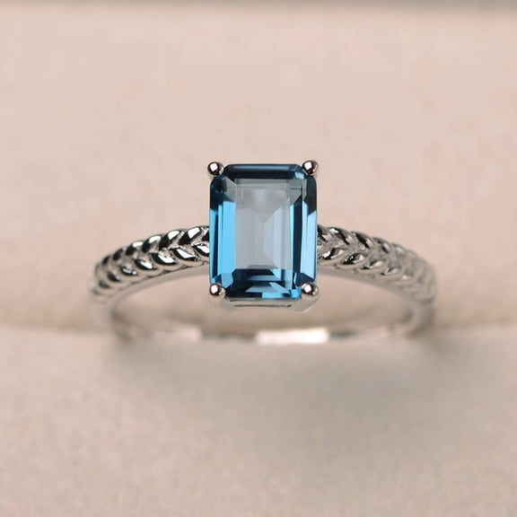 Promise ring, London blue topaz ring, emerald cut blue gemstone, solitaire ring, sterling silver ring