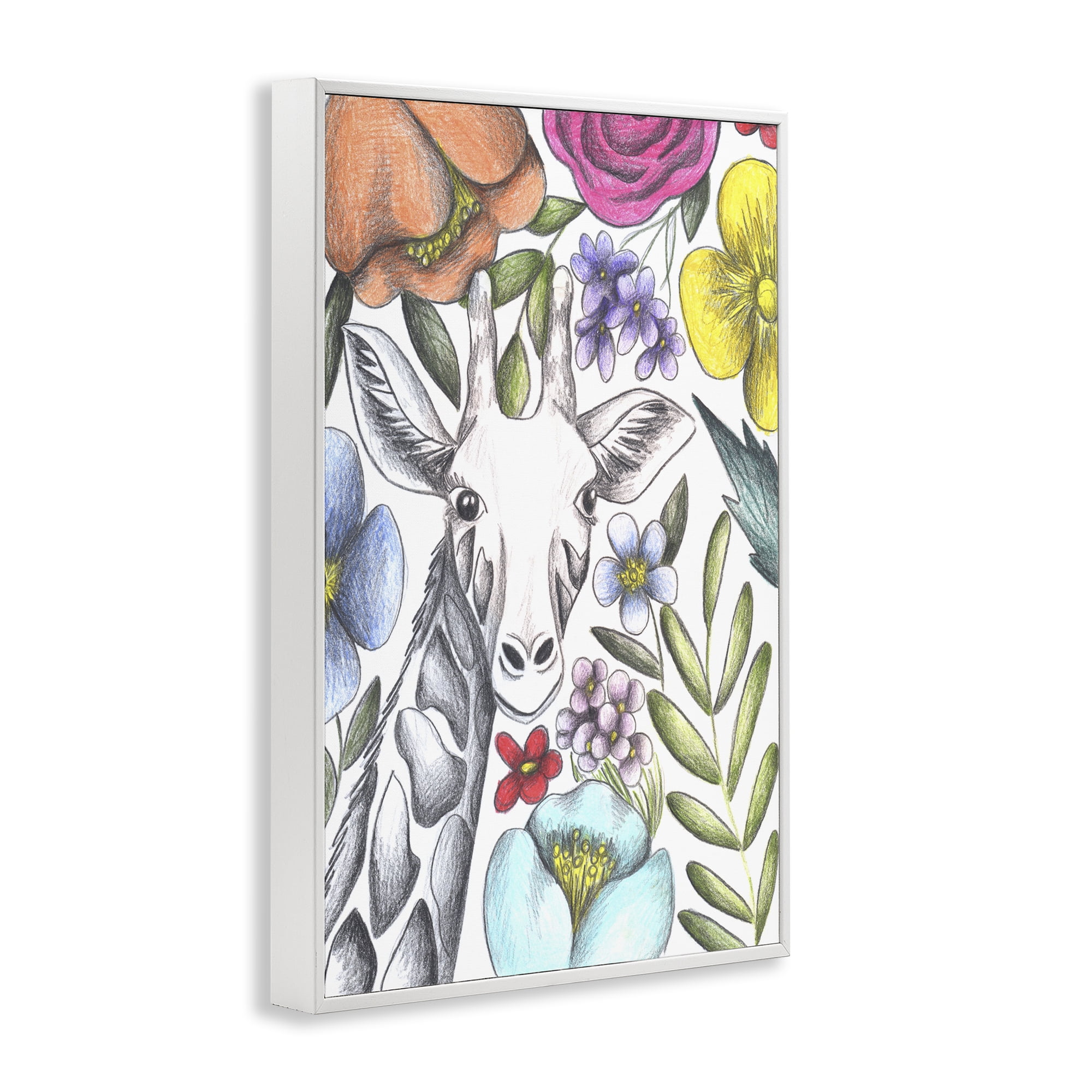 Giraffe In The Midst of Flowers White Framed Giclee Art, design by Cecilia Battaini