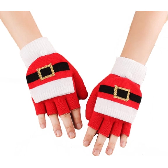 Kids Teens Winter Gloves Warm Mittens Flip Half & Full Finger Christmas Convertible Mittens with Thumb Flap for Boys Girls