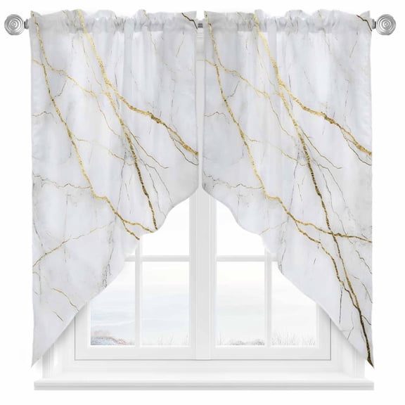 Gold White Marble Swag Valances for Windows 2 Pack Gold Lines Abstract Modern Swag Kitchen Curtains 45 Inches Long Rod Pocket Short Window Treatment for Kitchen Bathroom 36"x45"
