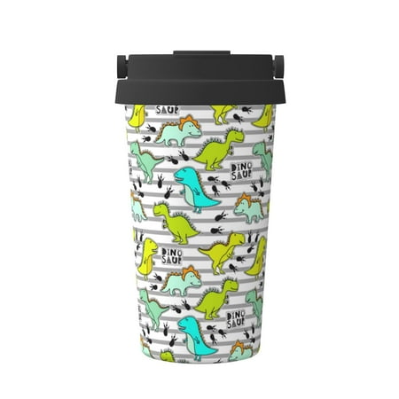 

Qekee Funny Dinosaurs on Stripes Print Insulated Coffee Mug Coffee Tumbler Cup Thermos Mug Water Bottle with Handle & Flip