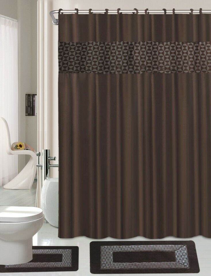 Olivia Brown & Blue 15-Piece Bathroom Accessory Set 2 Bath Mats Shower Curtain 