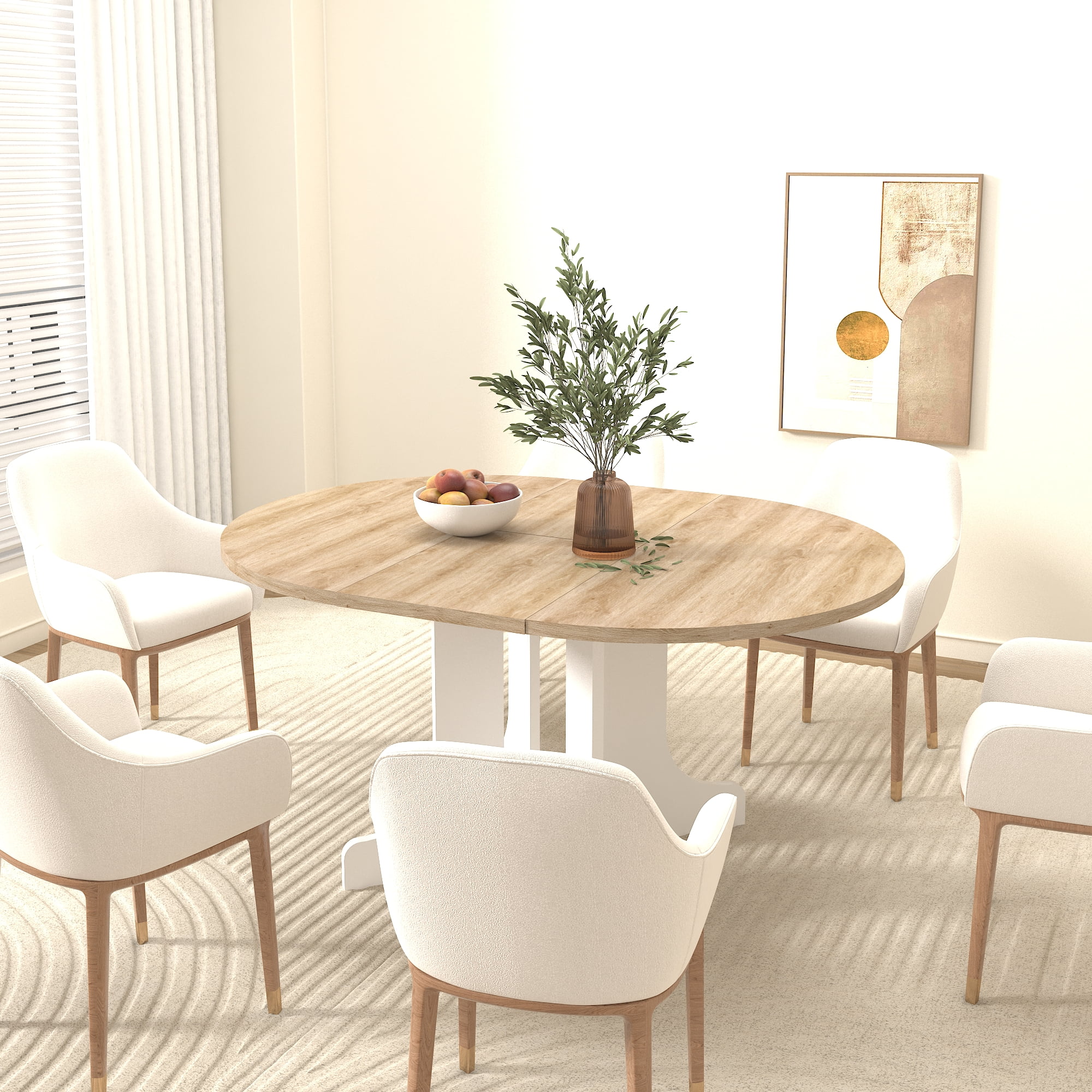 White Oak Farmhouse Dining Table with Adjustable Length, Expands from 43 to 59 Inches with Removable Leaf, Features a Sturdy X-Shaped Trestle Base and Seats Up to 6 for Family Dining