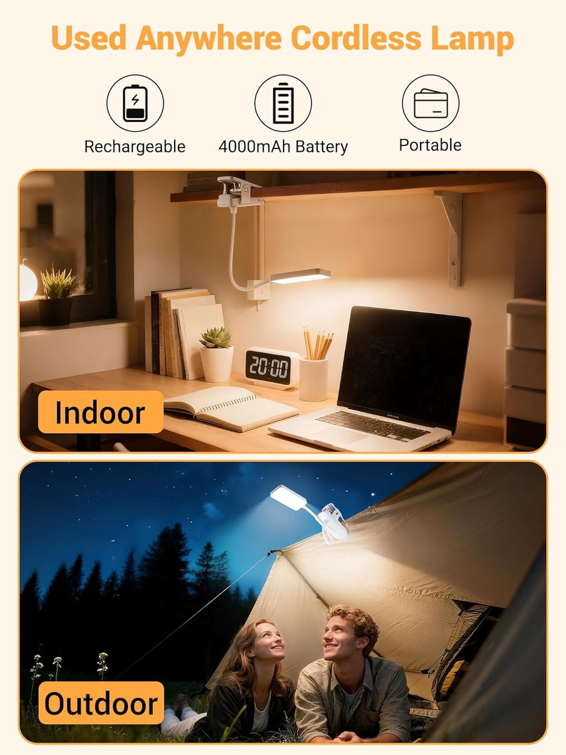 Clip on Light,9 Brightness+5 Color Clip on Lamp with 4000mAh Battery,450 Lumen Rechargeable Desk Lamp with Clamp,48 LED Reading Light for Bed,Cordless Reading Lamps for Bed/Headboard/Craft