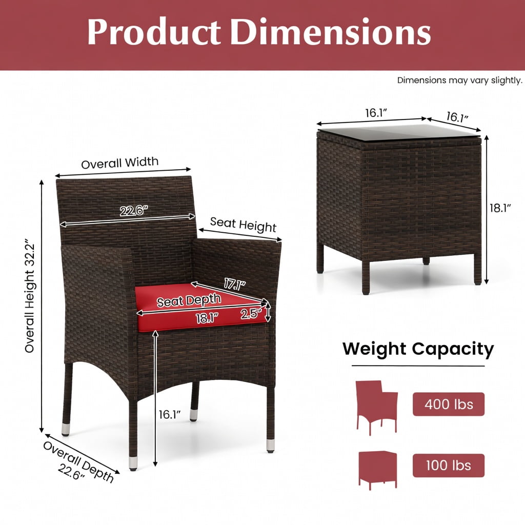 Hommoo 3-Piece Outdoor Wicker Conversation Set, Tempered Glass Coffee Table, PE Rattan & Metal Frame, Weather-Resistant Patio Seating for Backyard, Poolside & Porch, Red
