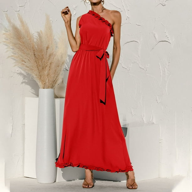 VKEKIEO Summer Dress Sun Dress One Shoulder Sleeveless Solid Orange L ...