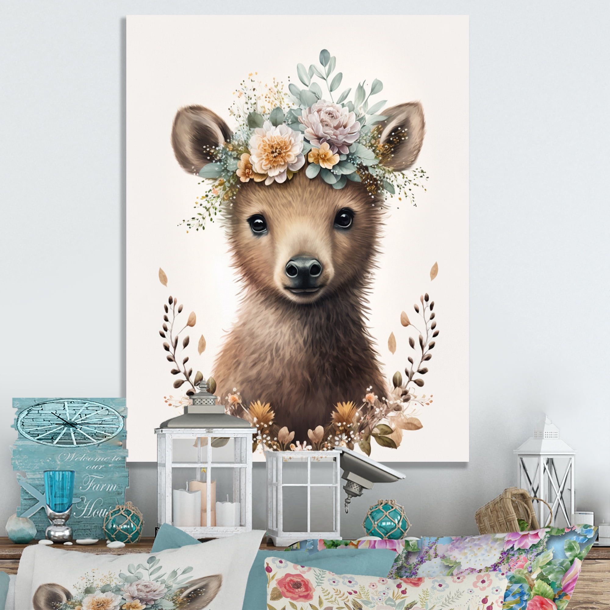 Designart Cute Baby Bear With Floral Crown I Canvas Wall Art