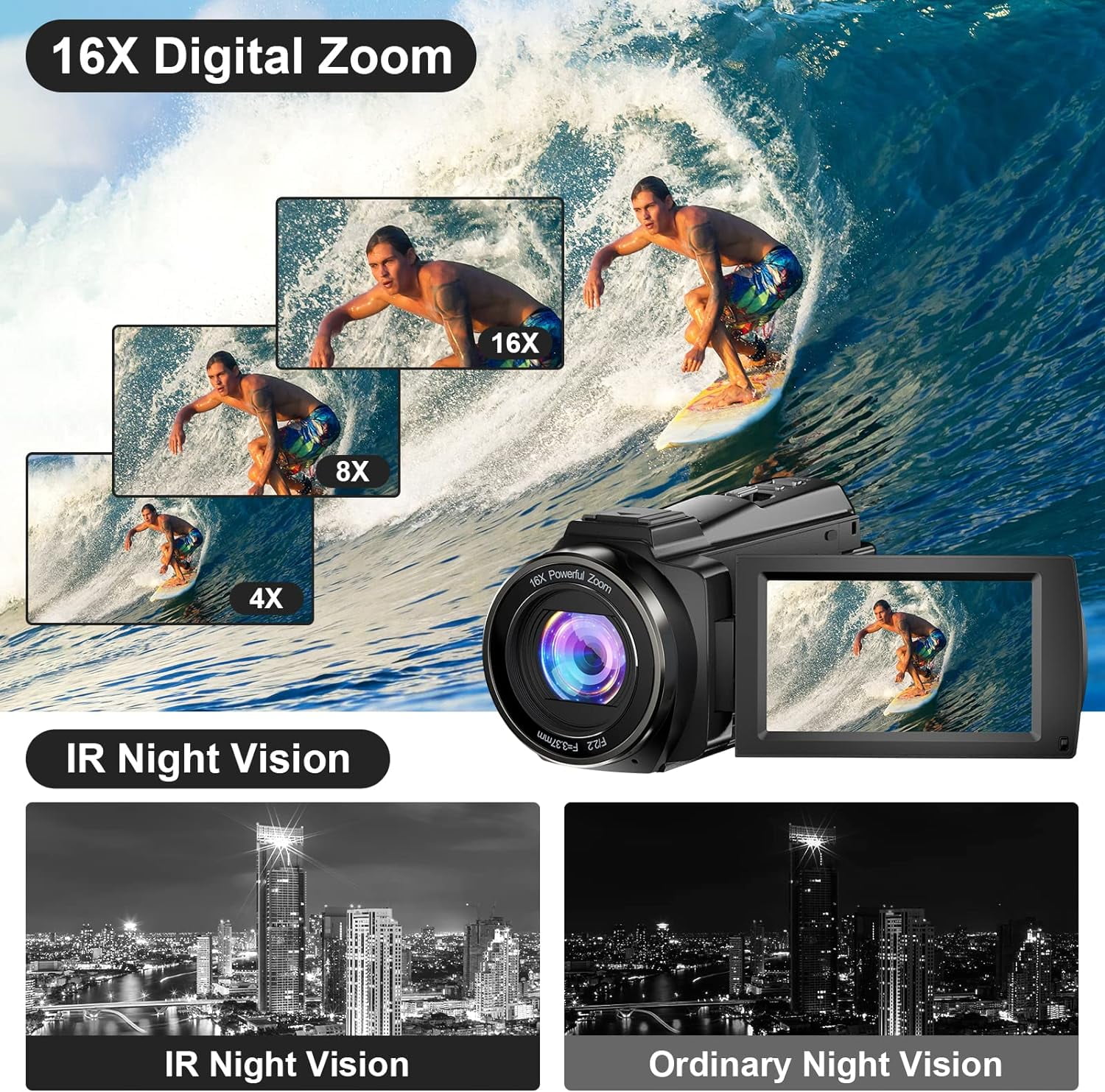  LKX 4K Video Camera Camcorder Ultra HD 48MP 60FPS WiFi  Vlogging Camera for  16x Digital Zoom Night Vision Camera Camcorders  with, Remote Control, Lens Hood, Handheld Stabilizer, Microphone 