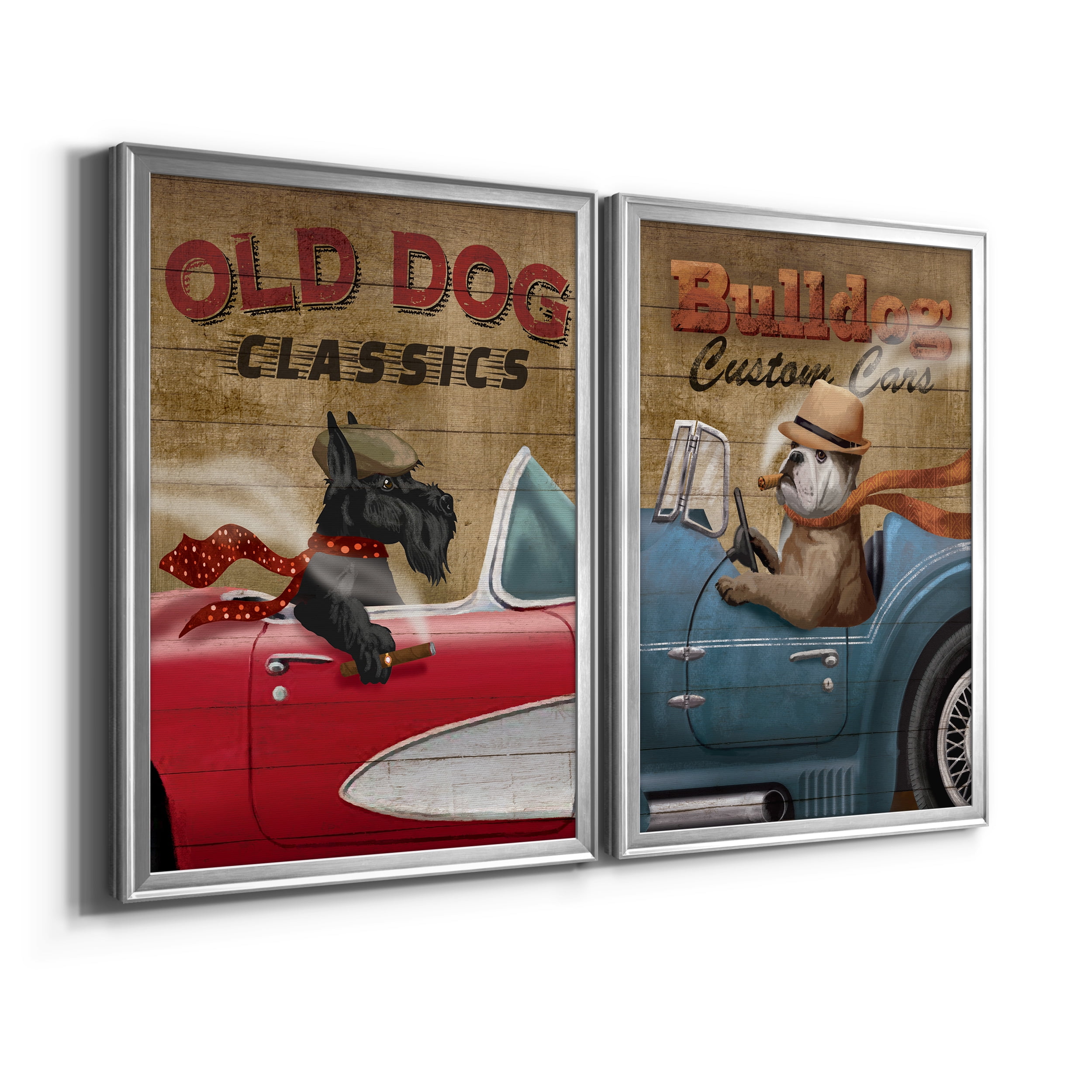 2 Piece Set Old Dog Classics Premium Framed Canvas - Ready to Hang - 26.5 x 36.5 Each - Silver Frame