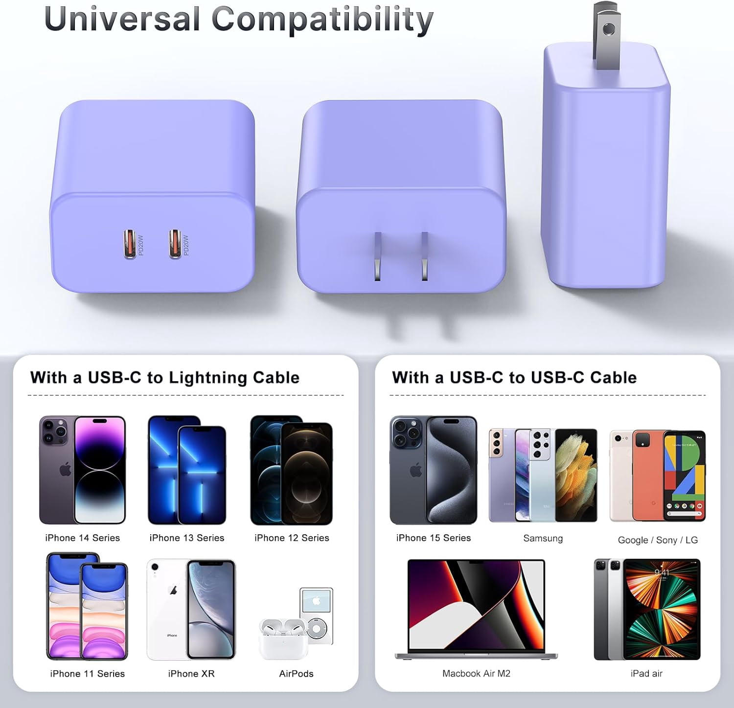 Unbranded 40W Dual USB C Charger Block,2-Port Fast USB-C Power Adapter Wall Charger Plug Type C Charging Block for Laptop Computer & Tablets/Phones iPhone 15/14/13/12/11/X, iPad,Samsung,Google 2 Pack
