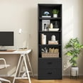 thumbnail image 4 of 74" Tall Bookcase, Freestanding Bookshelf w/ 4 Open Shelves & 2 Drawers, Modern Display Shelf with Anti-Toppling Device, Wooden Book Shelf for Bedroom, Study, Living Room, Office (Black, 74''H), 4 of 18