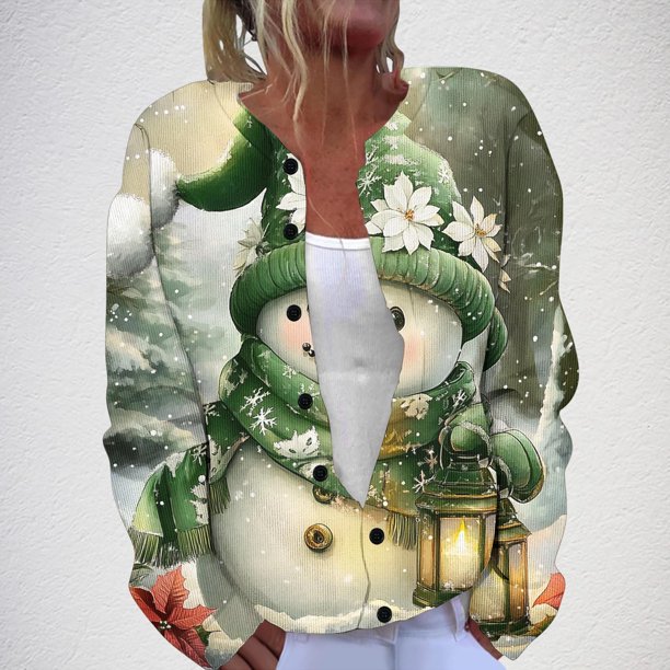 Chaqueta y abrigo informal de manga larga sin capucha para mujer, cárdigan de punto con estampado navideño informal, chaqueta abotonada, abrigo, blusa de poliéster para mujer