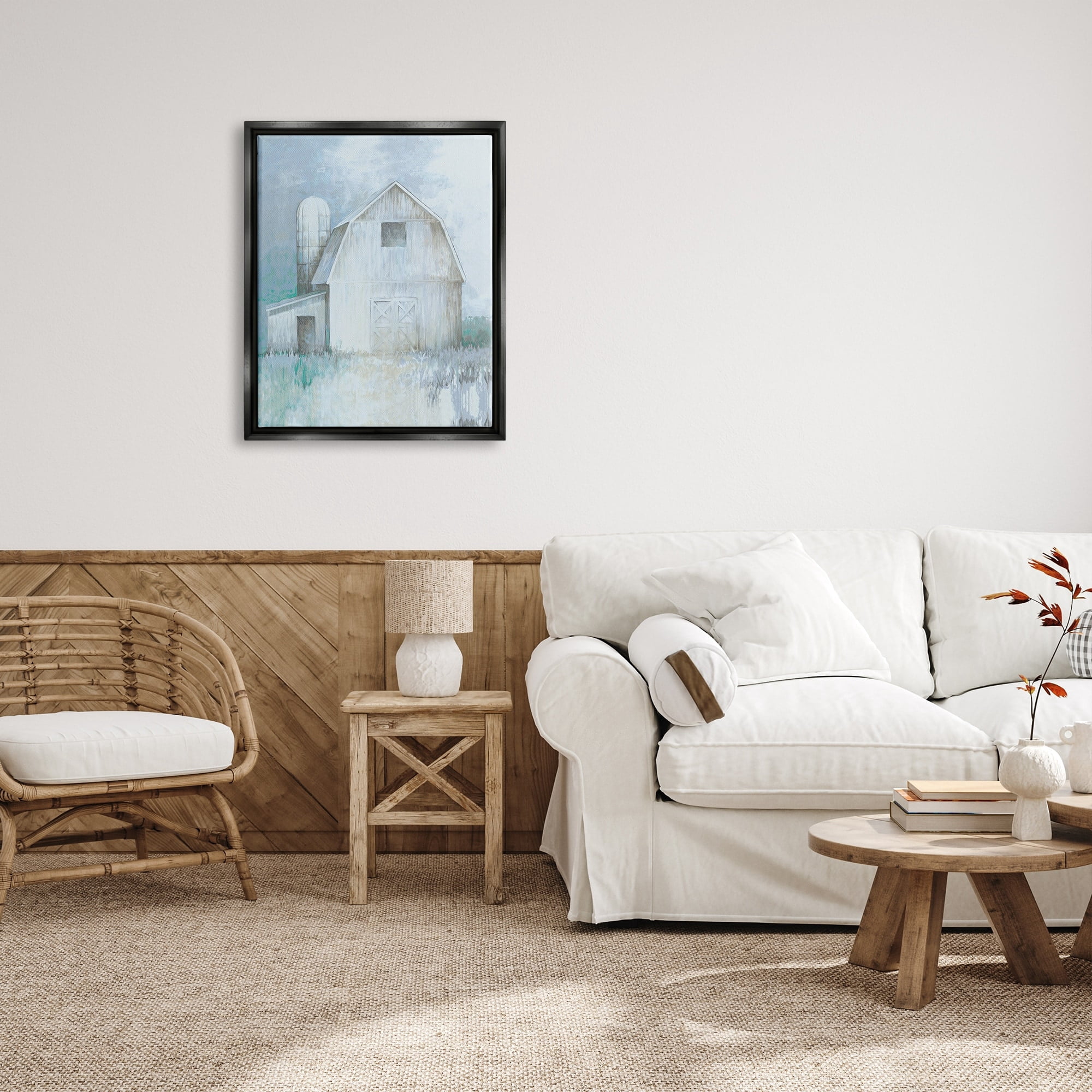 Stupell Industries Modern Country Barn Contemporary Pastel Brush Strokes Painting Jet Black Floating Framed Canvas Print Wall Art, Design by White Ladder