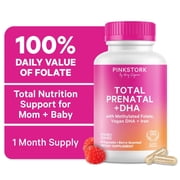 Pink Stork Total Prenatal Vitamins with Vegan DHA, No Fishy Burps, Essential Pregnancy Folate Iron Zinc, Vegan, 60 Capsules