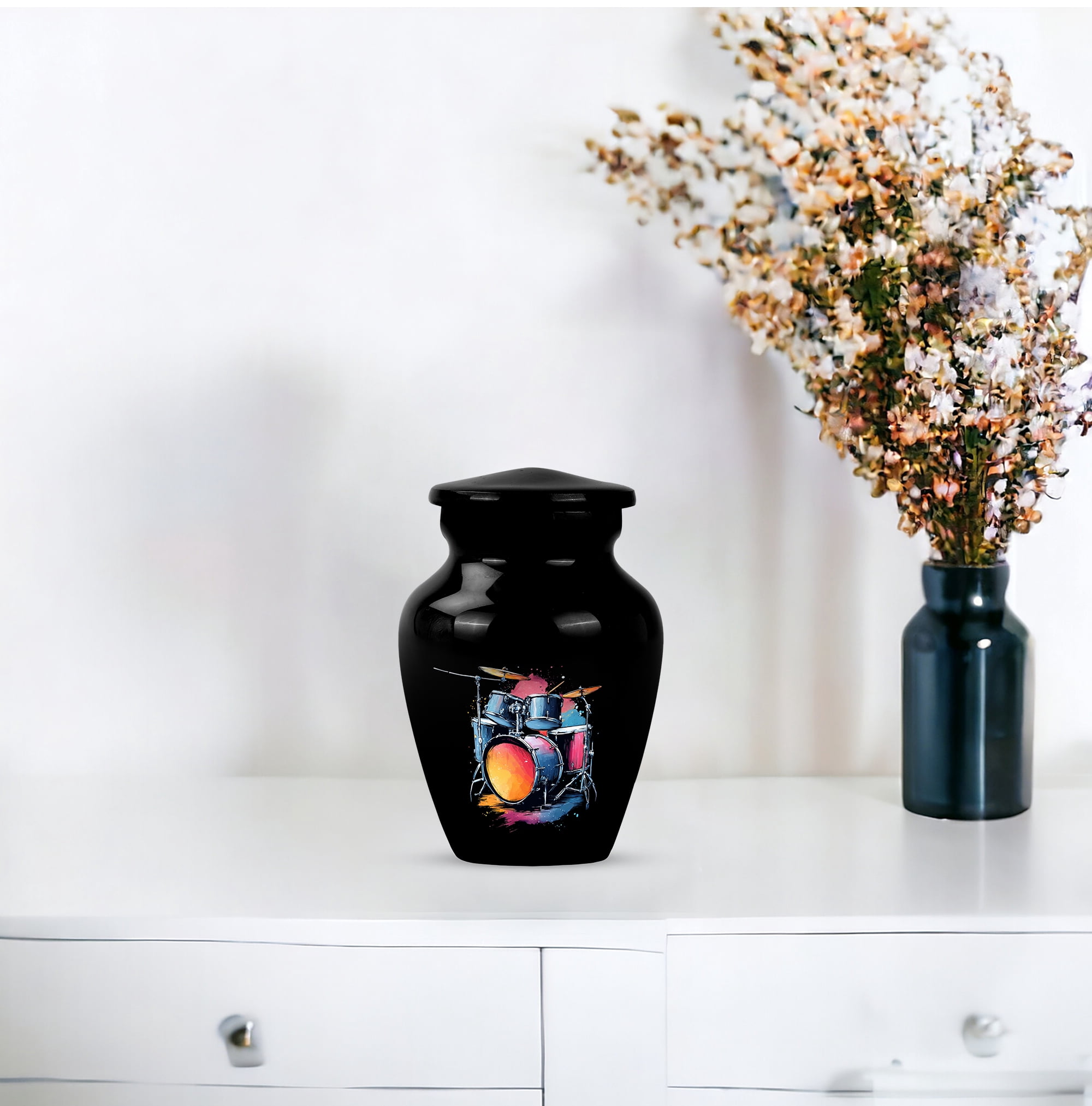 Drummer Memorial Keepsake Urns Set Of 4, Splash Colour Mini Urn For Ashes Adult Male, Black Musical Tribute Cremation Urn, Colourful Drum Set Funeral Keepsake Urns (Size, 3 Inch, 4 Pcs)