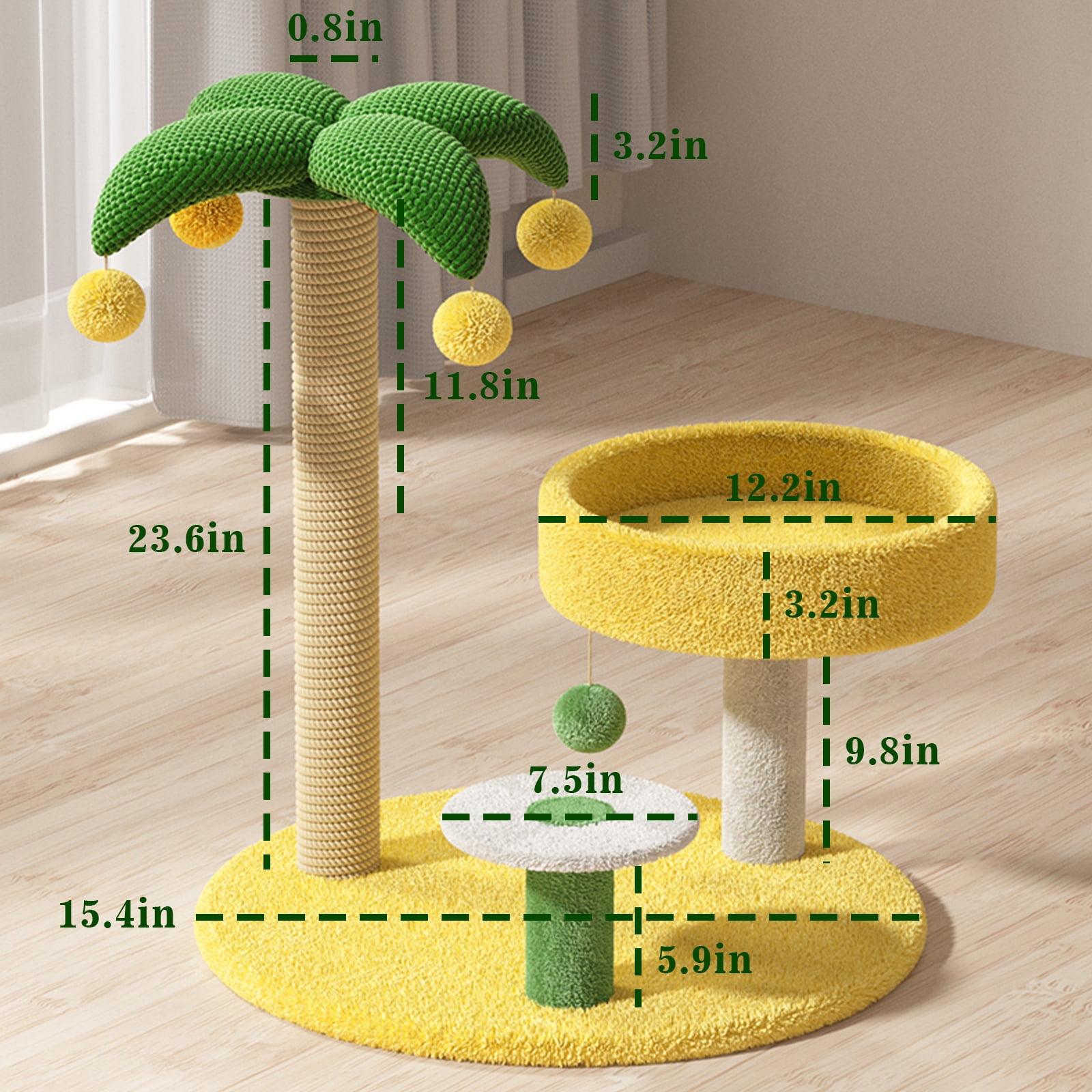 VIVBOO Cat Tree 27.6 inch Tower for Indoor Cats Yellow Green Coconut Cat Scratching Post.