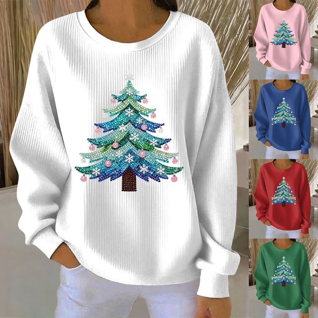 Yteetum Chandails en Molleton de Noël pour Femmes, Col Rond, Tricot Côtelé, Chandail Sans Capuche, Imprimé Graphique, Manches Longues