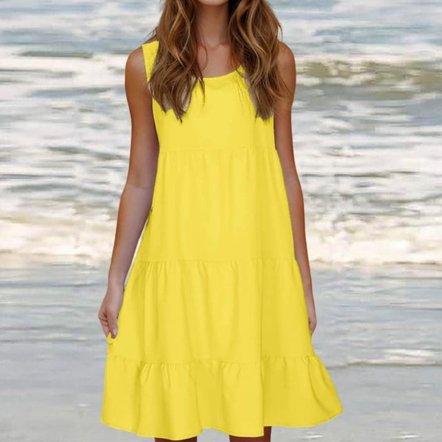 fartey Robe Décontractée pour Femmes Été Unie Col Rond à Étages Ample Robe Débardeur Sans Manches Ligne A Confortable Midi Robe de Plage