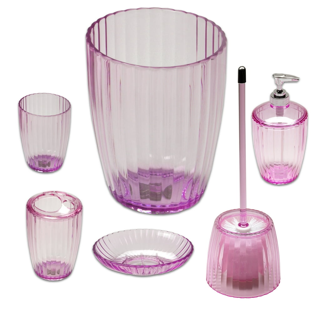 Ribbed Acrylic Bath Accessory 6 Piece Set Pink