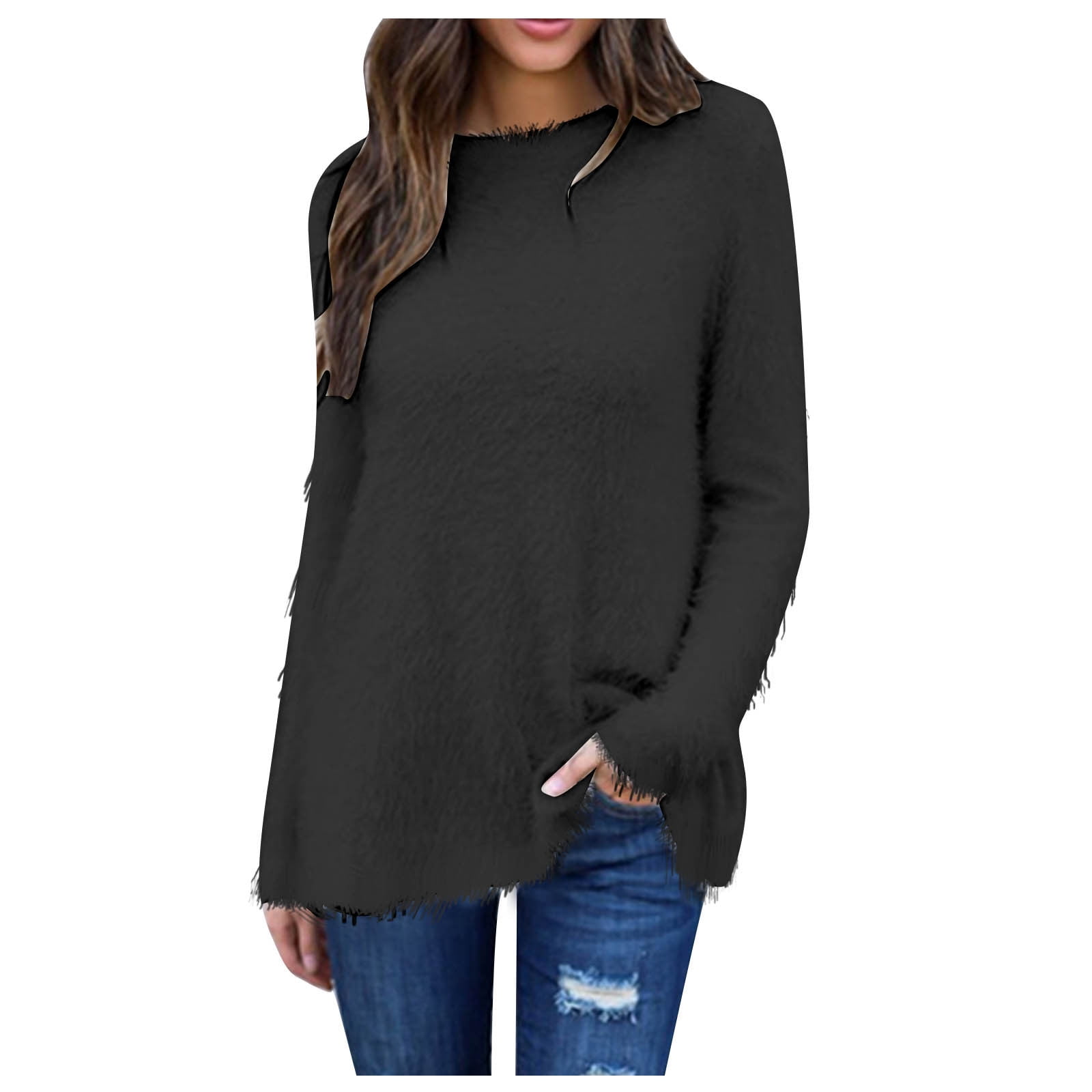 FAIWAD Women's Sweater Long Sleeve Round Neck Sweater Fall Winter Cusual Solid Color Pullover Tops